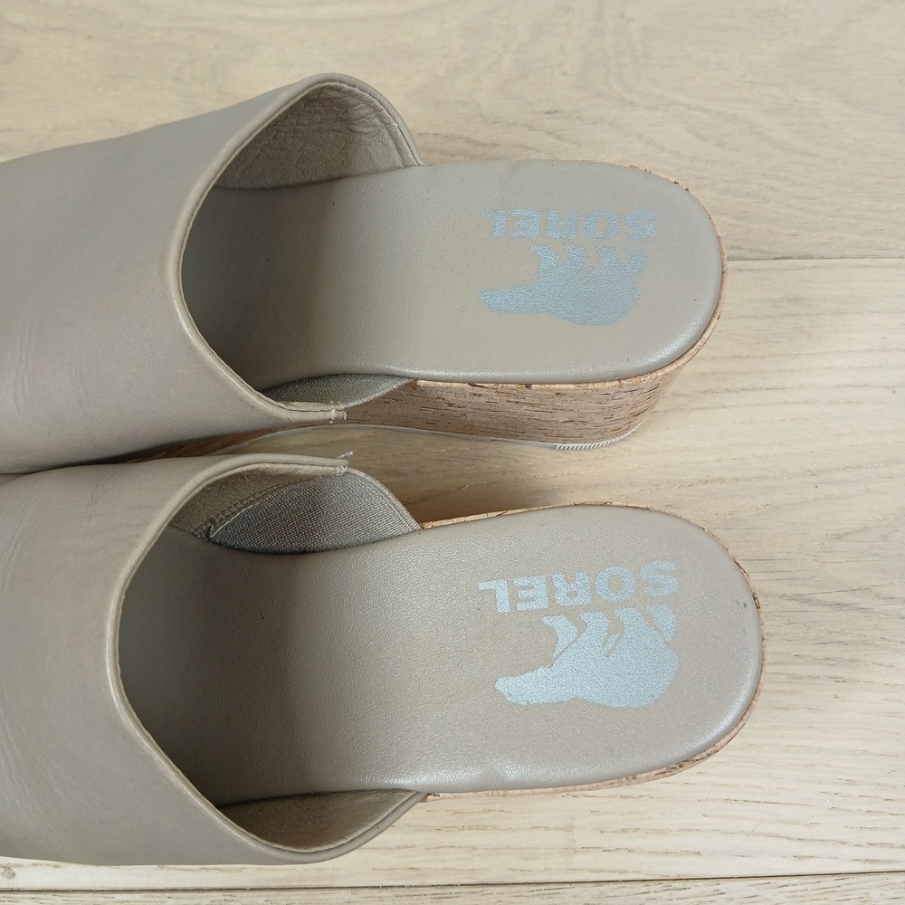 Sorel Joanie II Slide Sandals Women's 8 Taupe Leather Cork Wedge Platform - Picture 10 of 12